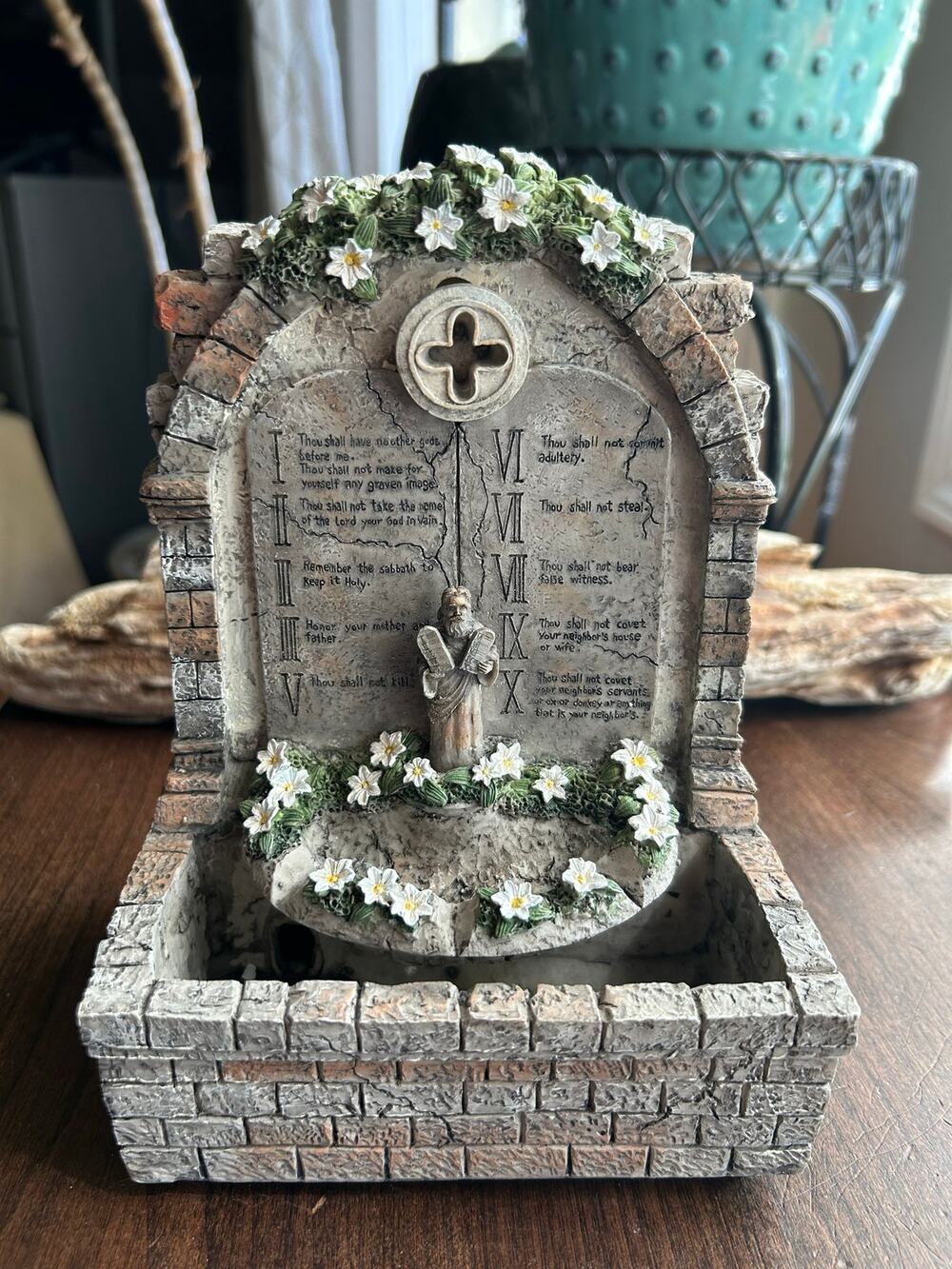 New tabletop water fountain Ten Commandments stone tablets floral details